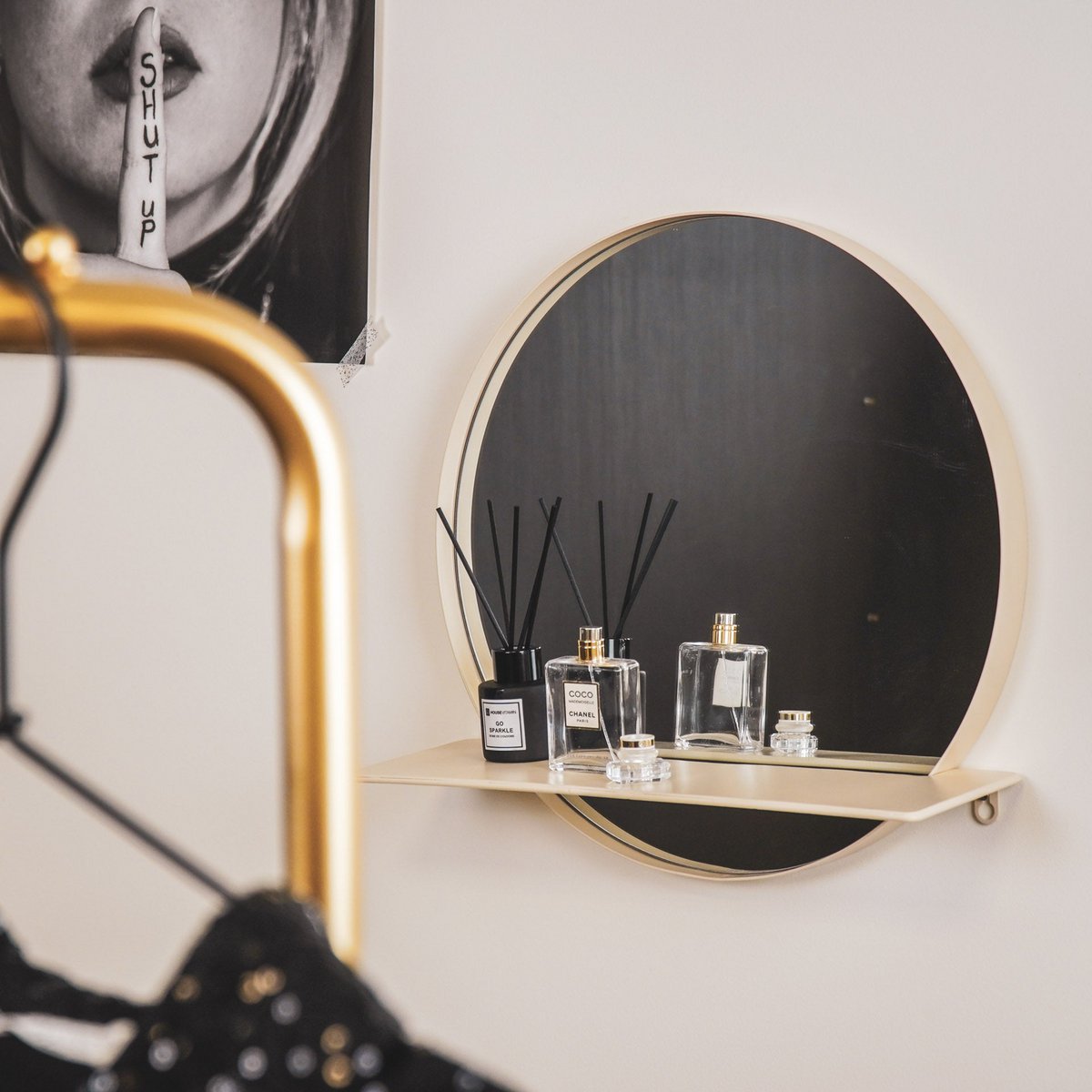 Miroir - Rond - Métal - Avec Etagère - Sable - Ø40cm