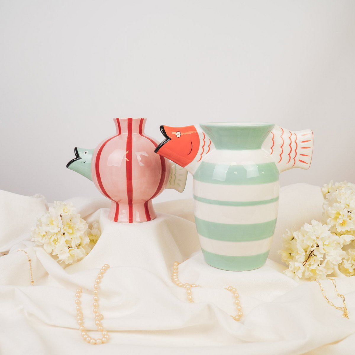 Vase - Fish- Dolomite -Pink / Mint / Red -21.5x13x17cm