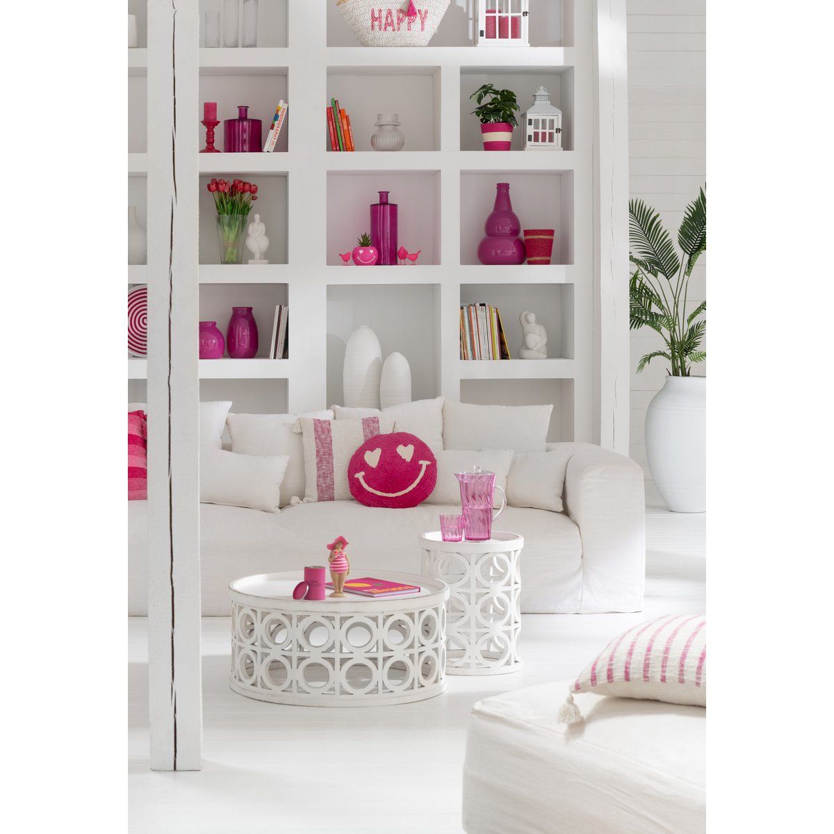J-Line Coussin Smiley Tufté Coton Rose/Blanc