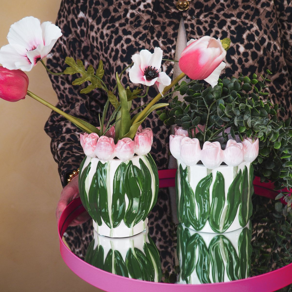 Vase- tulipes - Dolomite - rose clair / vert-15x15x14cm