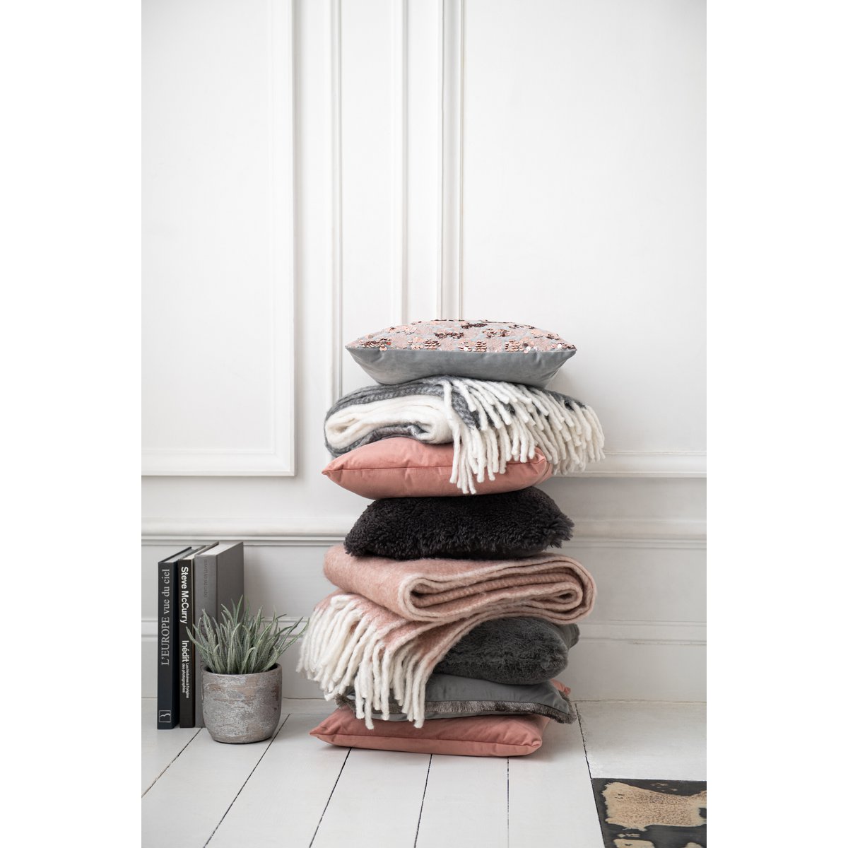 Coussin J-Line Paillet - velours - gris/rose