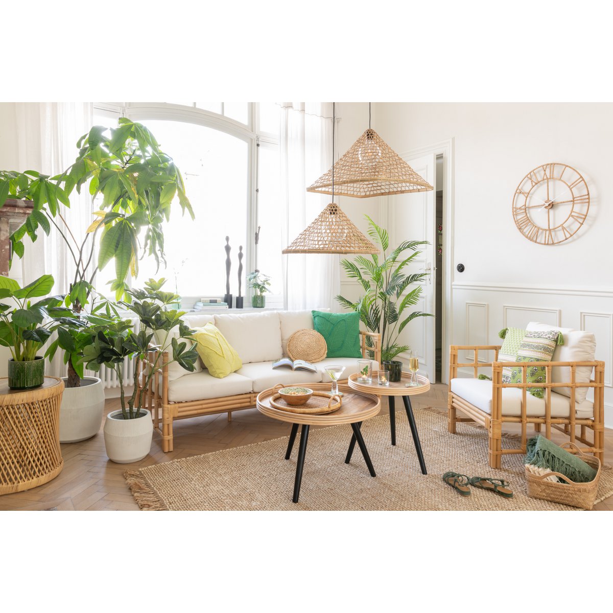 Fauteuil J-Line Elise + Kcoussin - rotin/textile - naturel/blanc