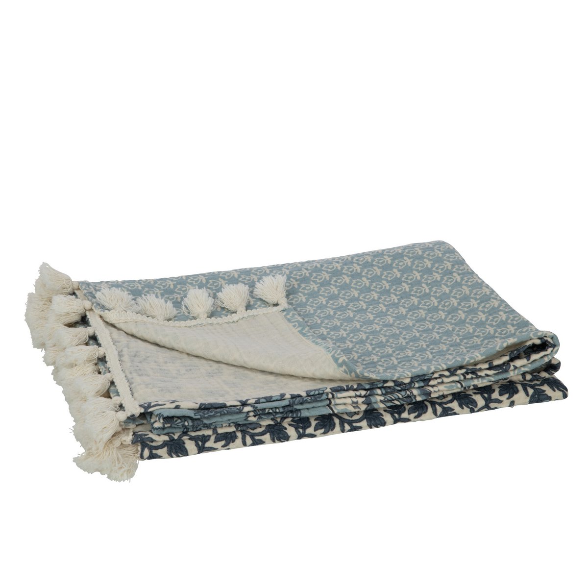 J-Line Plaid fleurs - coton - bleu - 180 x 130 cm
