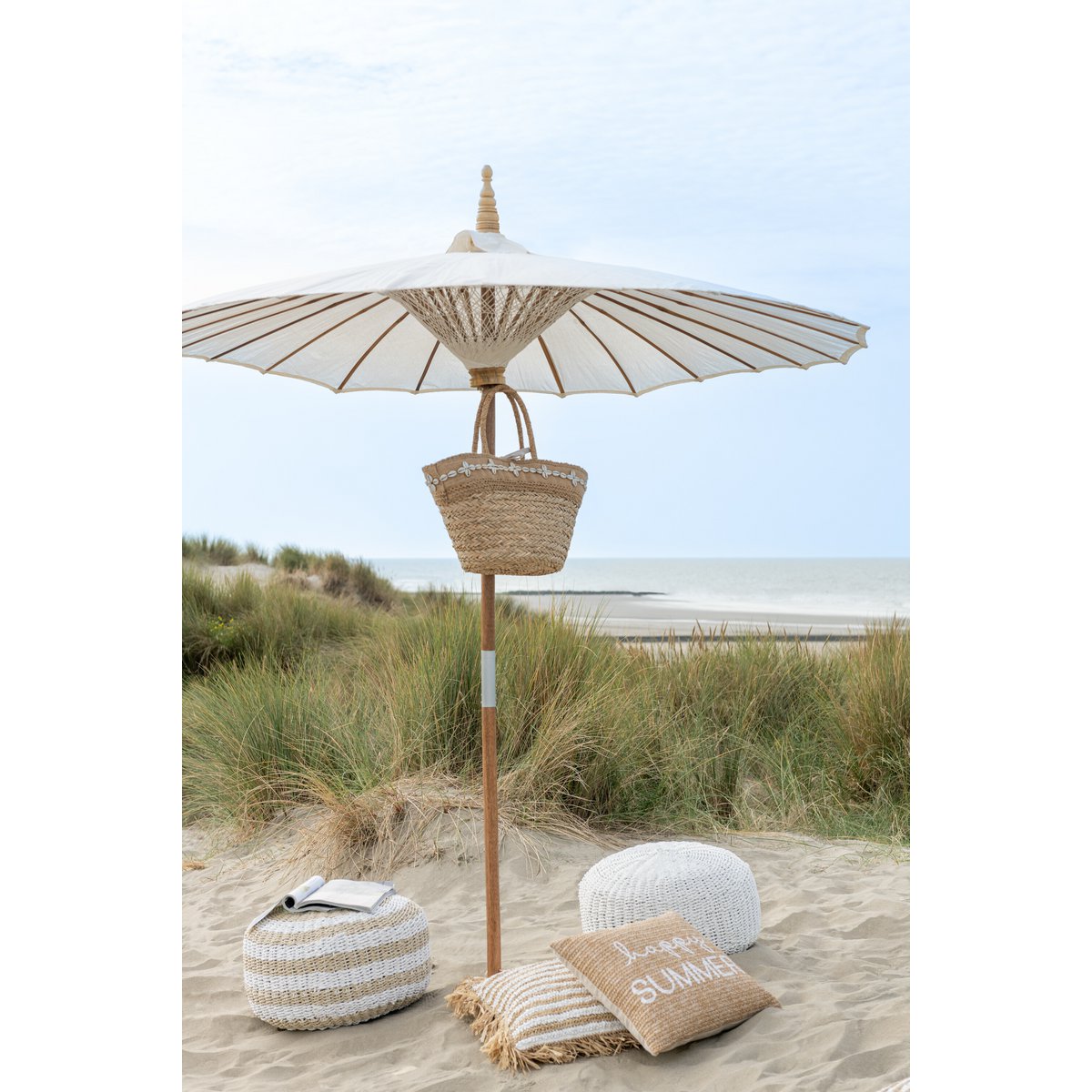 J-Line Pouf Rond Rayures Plastique Tissé Blanc/Naturel