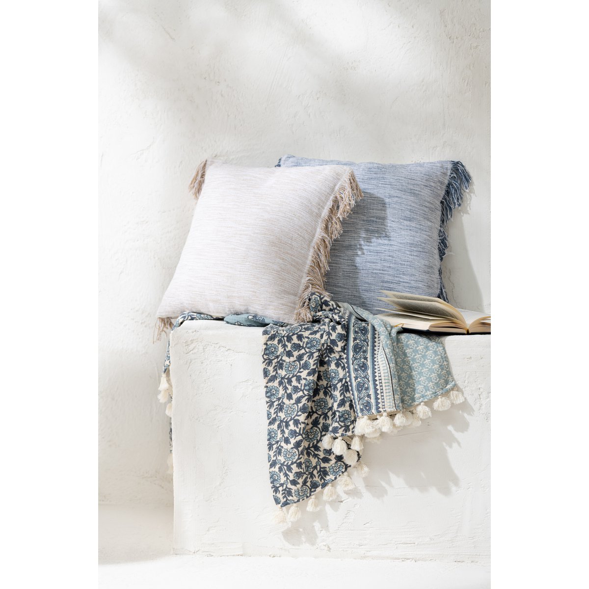 J-Line Plaid fleurs - coton - bleu - 180 x 130 cm
