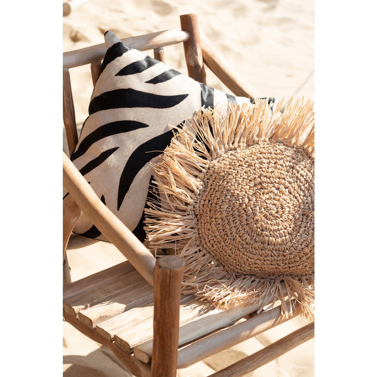 J-Line Coussin rond en roseau raphia - jute - naturel