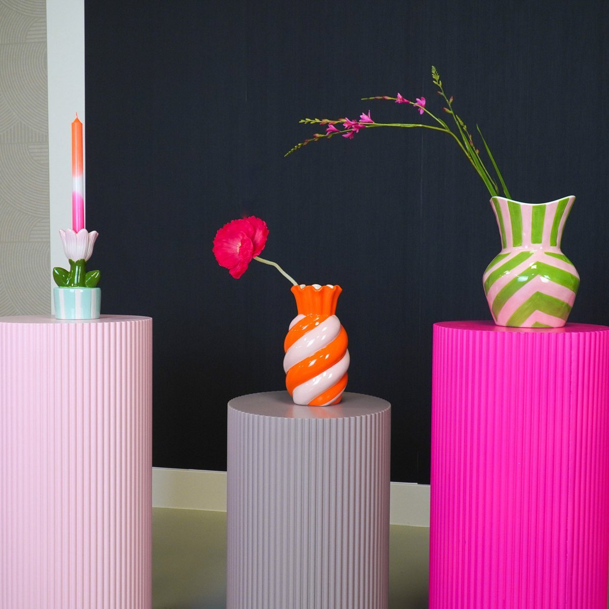 Bougeoir - Tulip - Stoneware-Mint / Pink- 9x8,5x17,5