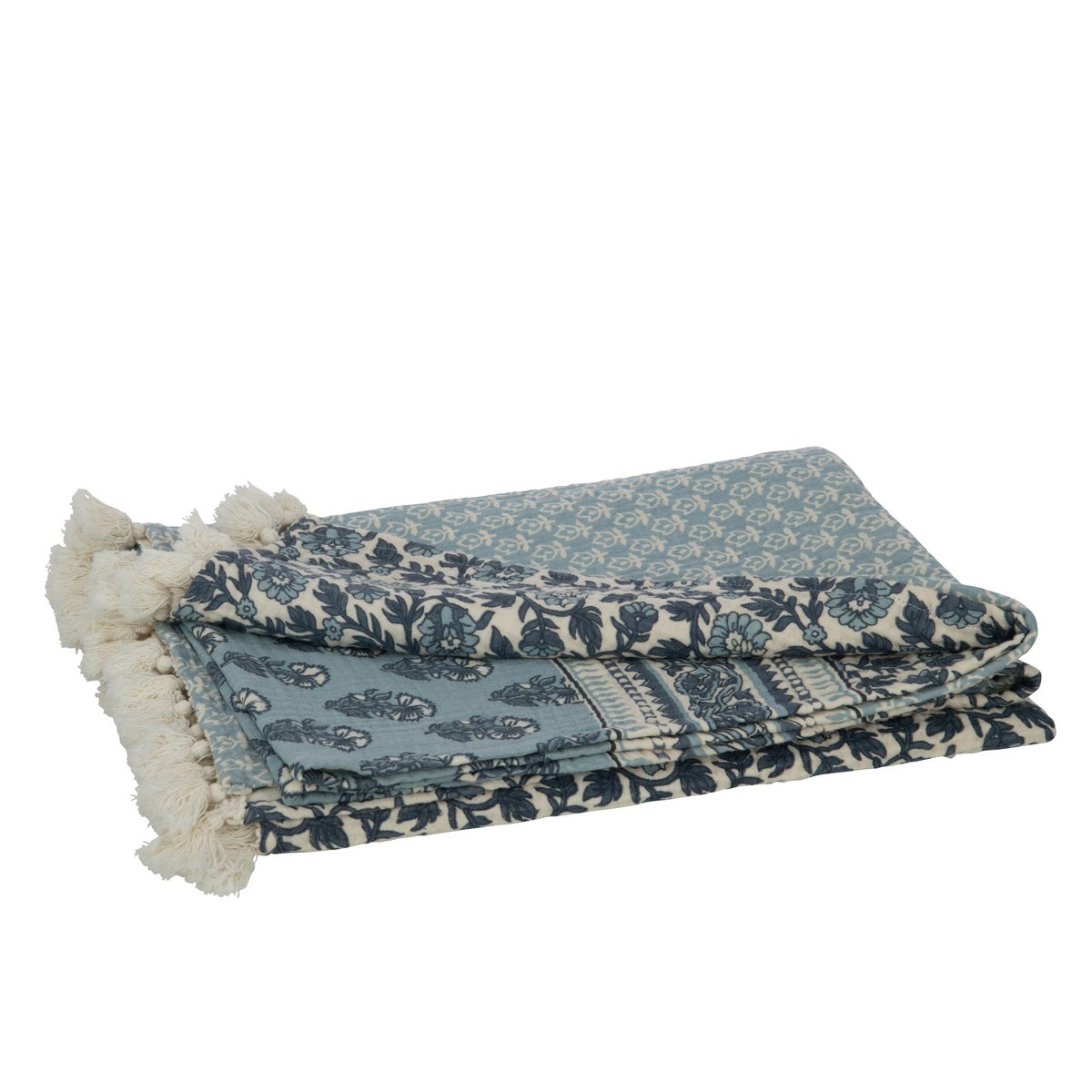J-Line Plaid fleurs - coton - bleu - 180 x 130 cm