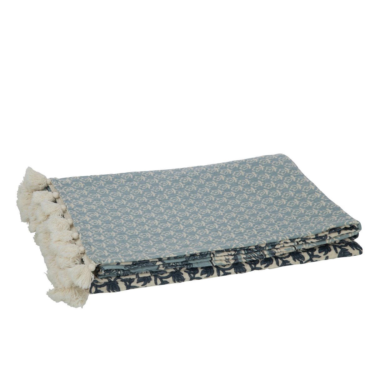J-Line Plaid fleurs - coton - bleu - 180 x 130 cm