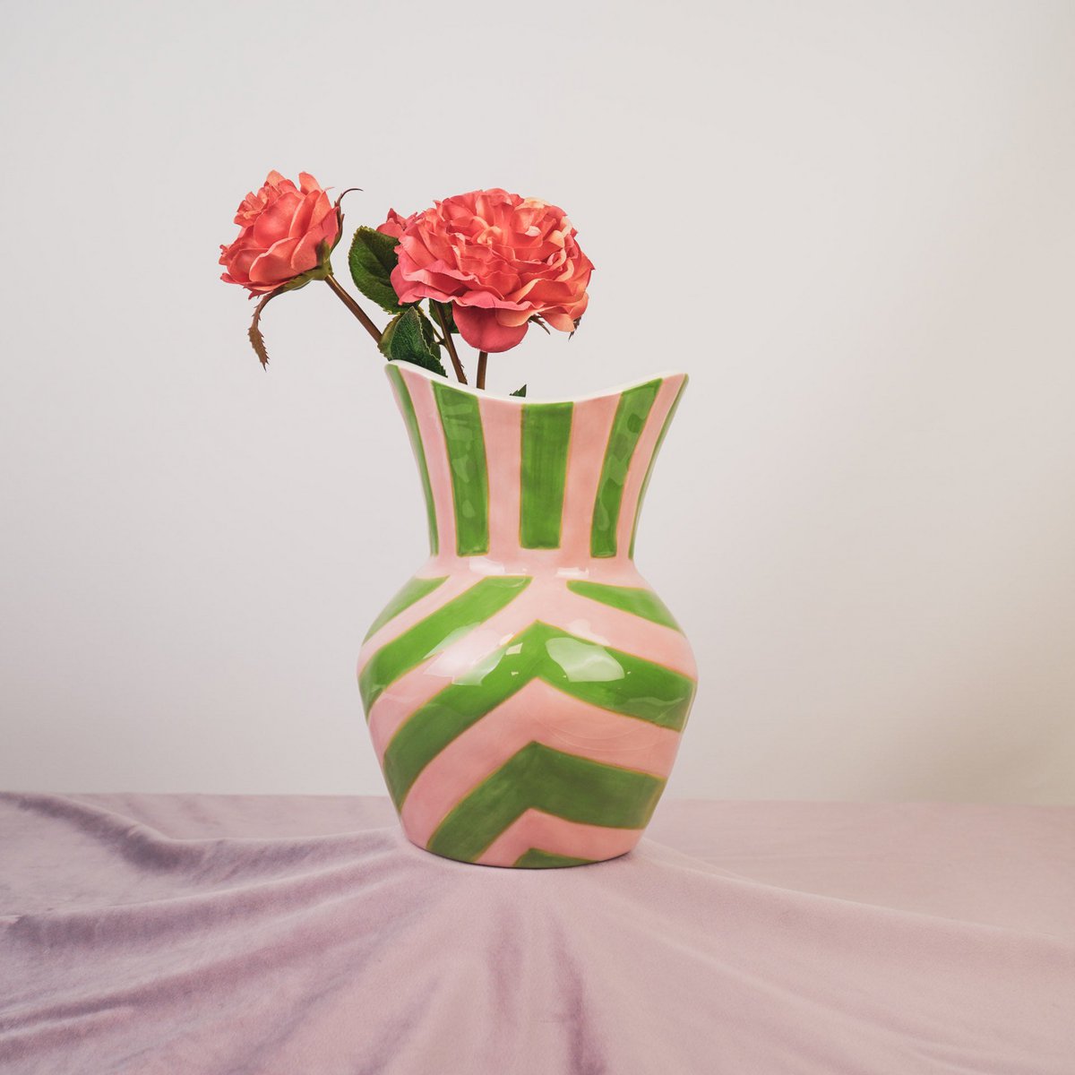 Vase-Stripes - Greeen / Green / Pink- 16x16x22cm