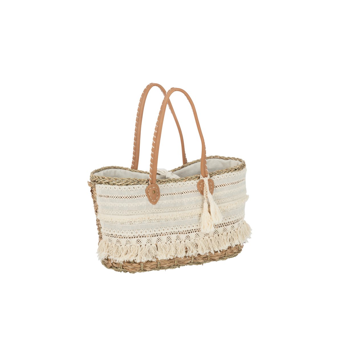 J-Line Sac de Plage Dentelle + Pompon Jute Naturel/Blanc Petit