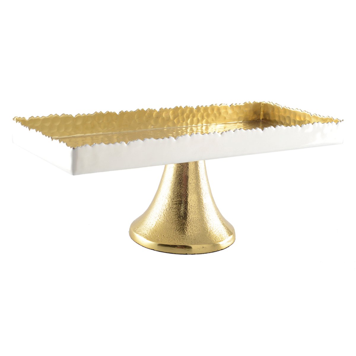 PLATEAU RECTANGULAIRE BLANC ET DORE MARTELE SUR PIED 35X15X12.5CM