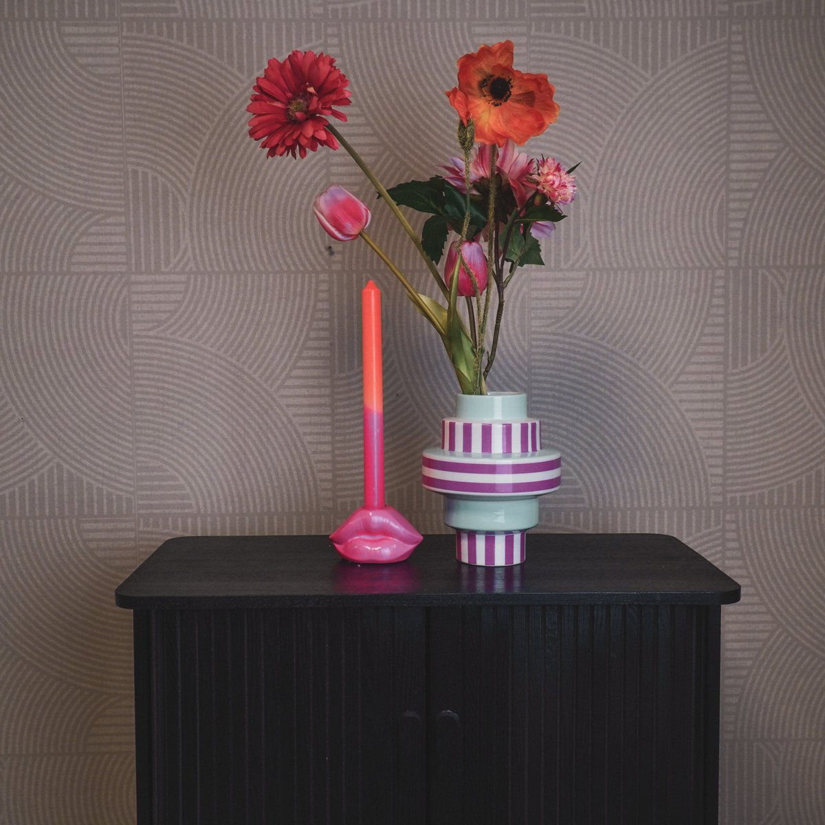 Vase - Stripe - Céramique - Vert/ Rose - 14,5x14,5x18cm