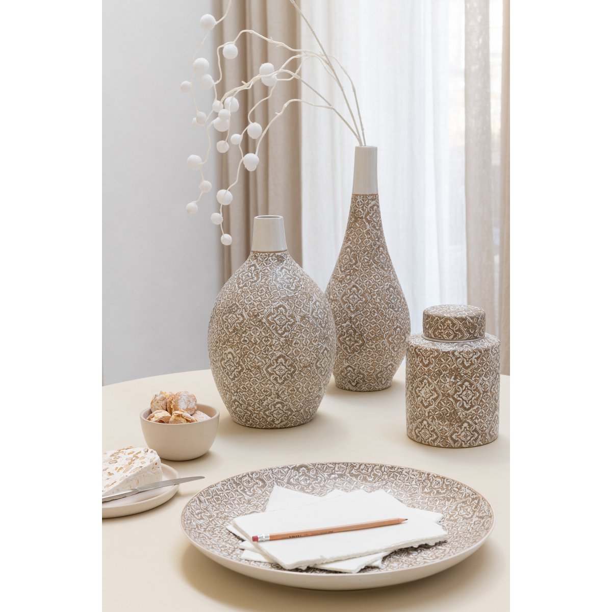 J-Line Vase Wabi Rond Porcelaine Beige/Blanc