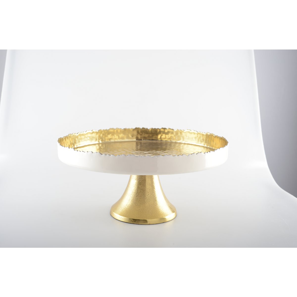 PLATEAU ROND BLANC ET DORE MARTELE SUR PIED 30X30X12.5CM