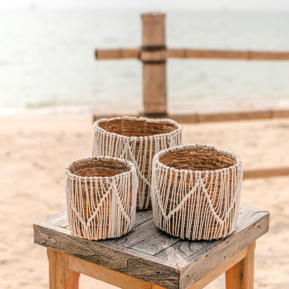 Petit panier en jonc de mer ORIS | Panier de fleurs rond | Panier Boho tissé | Panier de plantes | Planteur | Panier en macramé