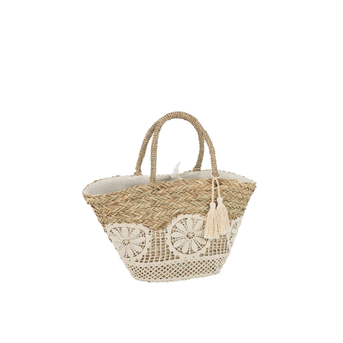 J-Line Sac de Plage Dentelle Fleur + Pompon Jute Naturel/Blanc