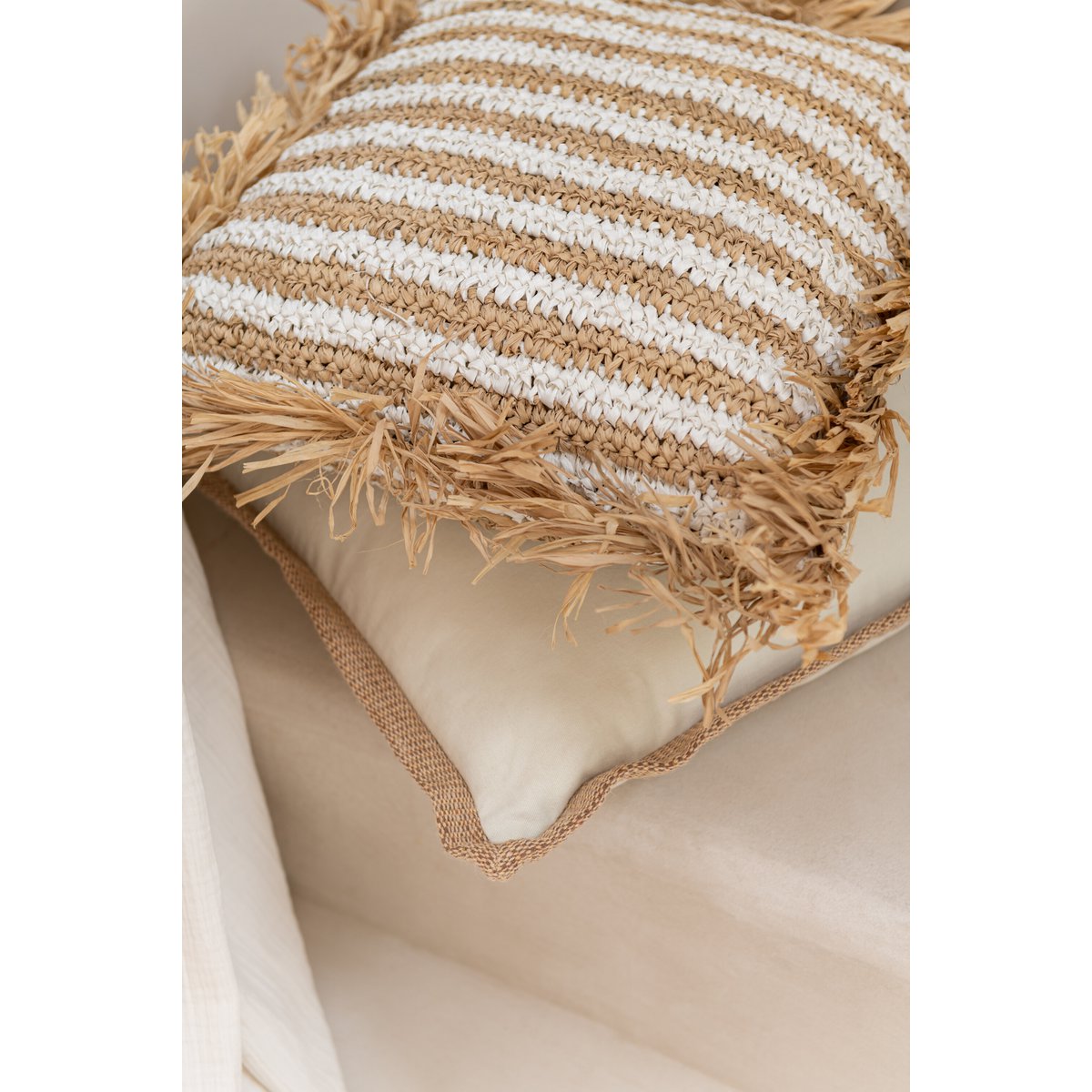 J-Line coussin Rayures Franges Mendong - coton - blanc