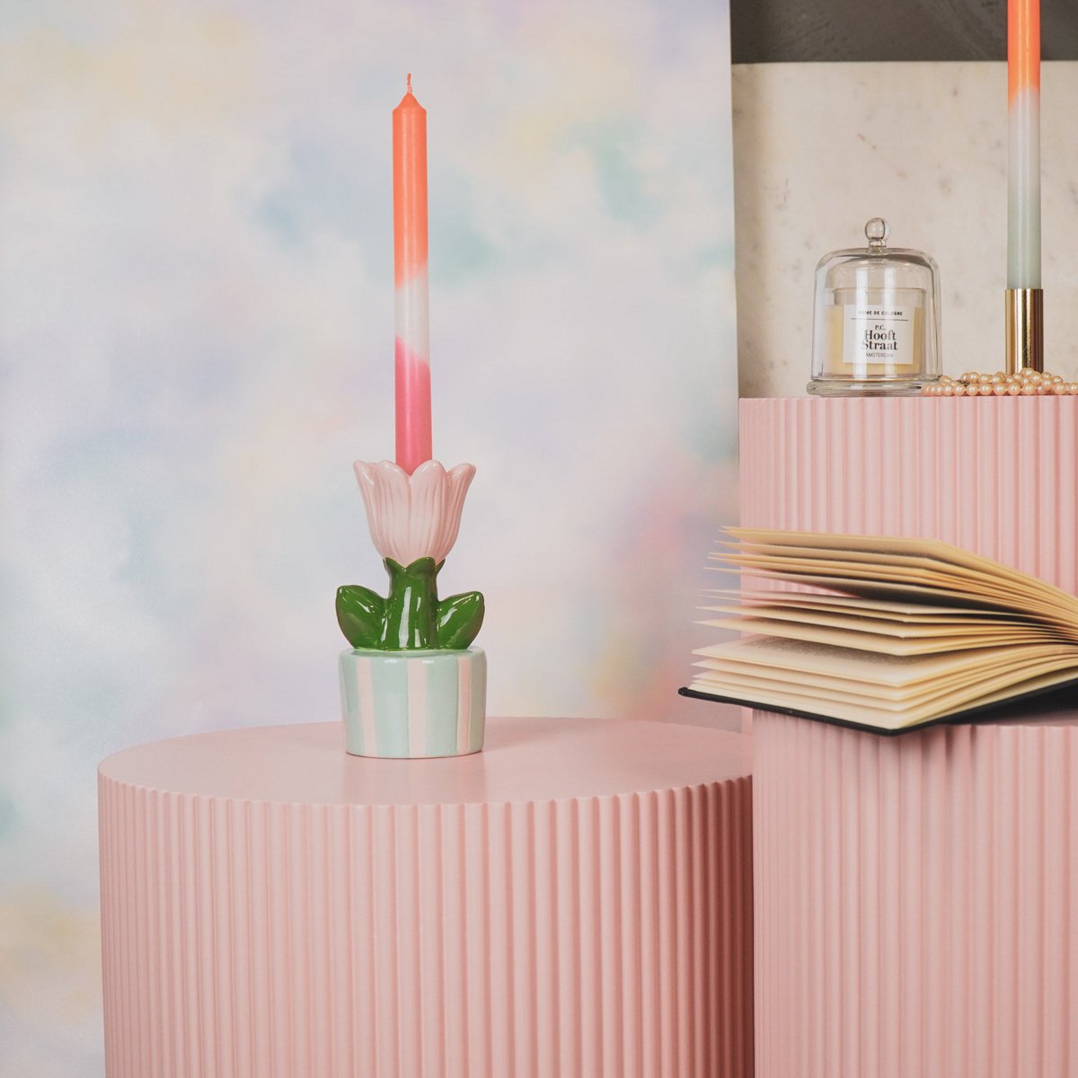 Bougeoir - Tulip - Stoneware-Mint / Pink- 9x8,5x17,5