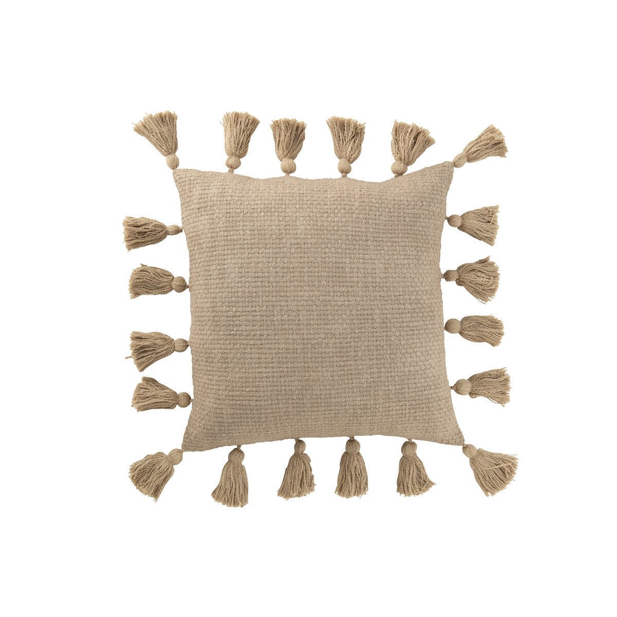 J-Line Coussin Tissé Pompons Coton Taupe
