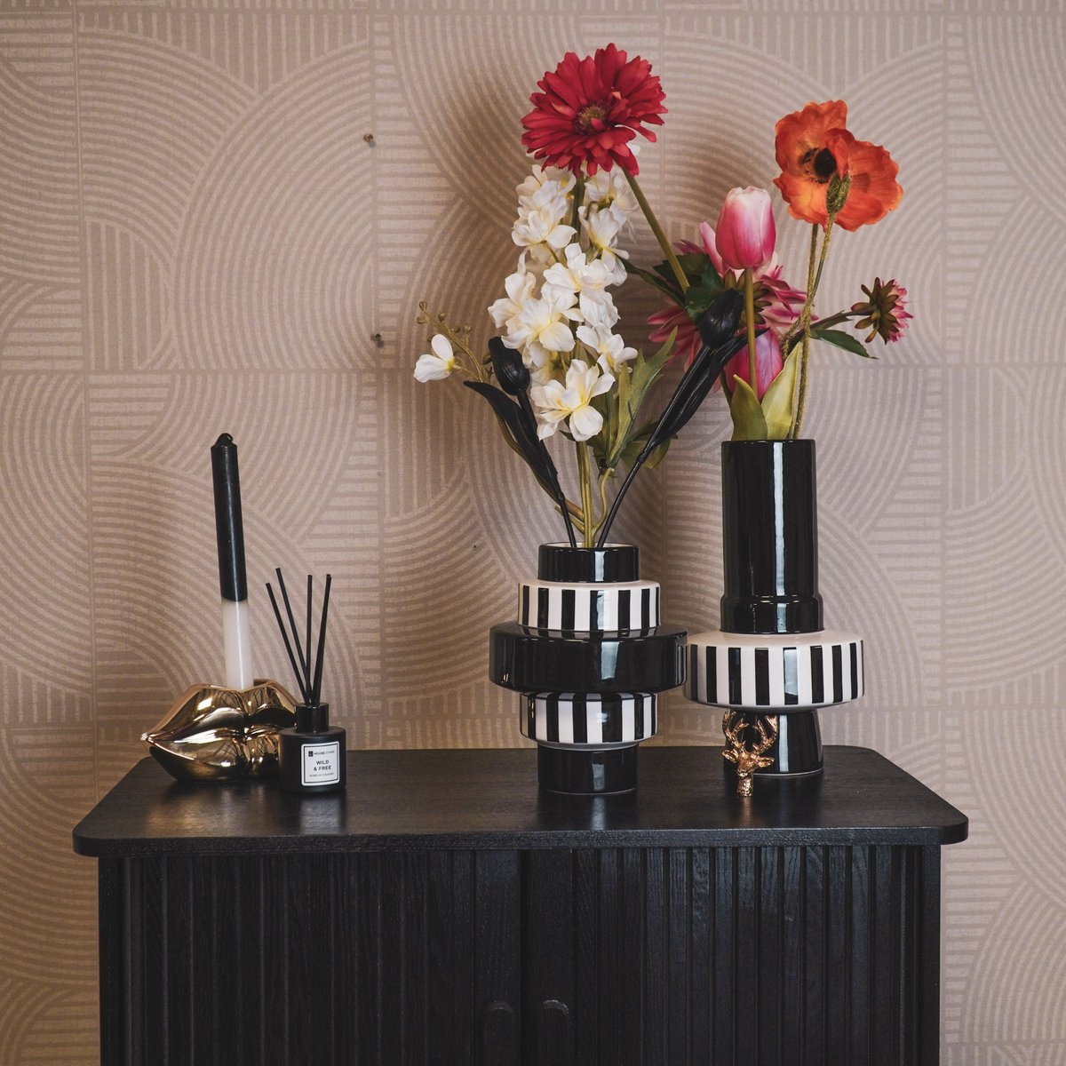 Vase - Stripe - Céramique - Noir/Blanc -14x14x26 cm