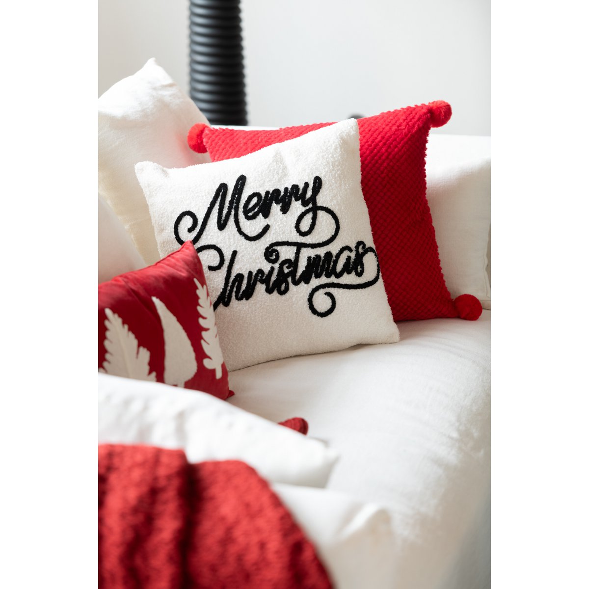 J-Line coussin Rectangle Sapins de Noël - velours - rouge/blanc