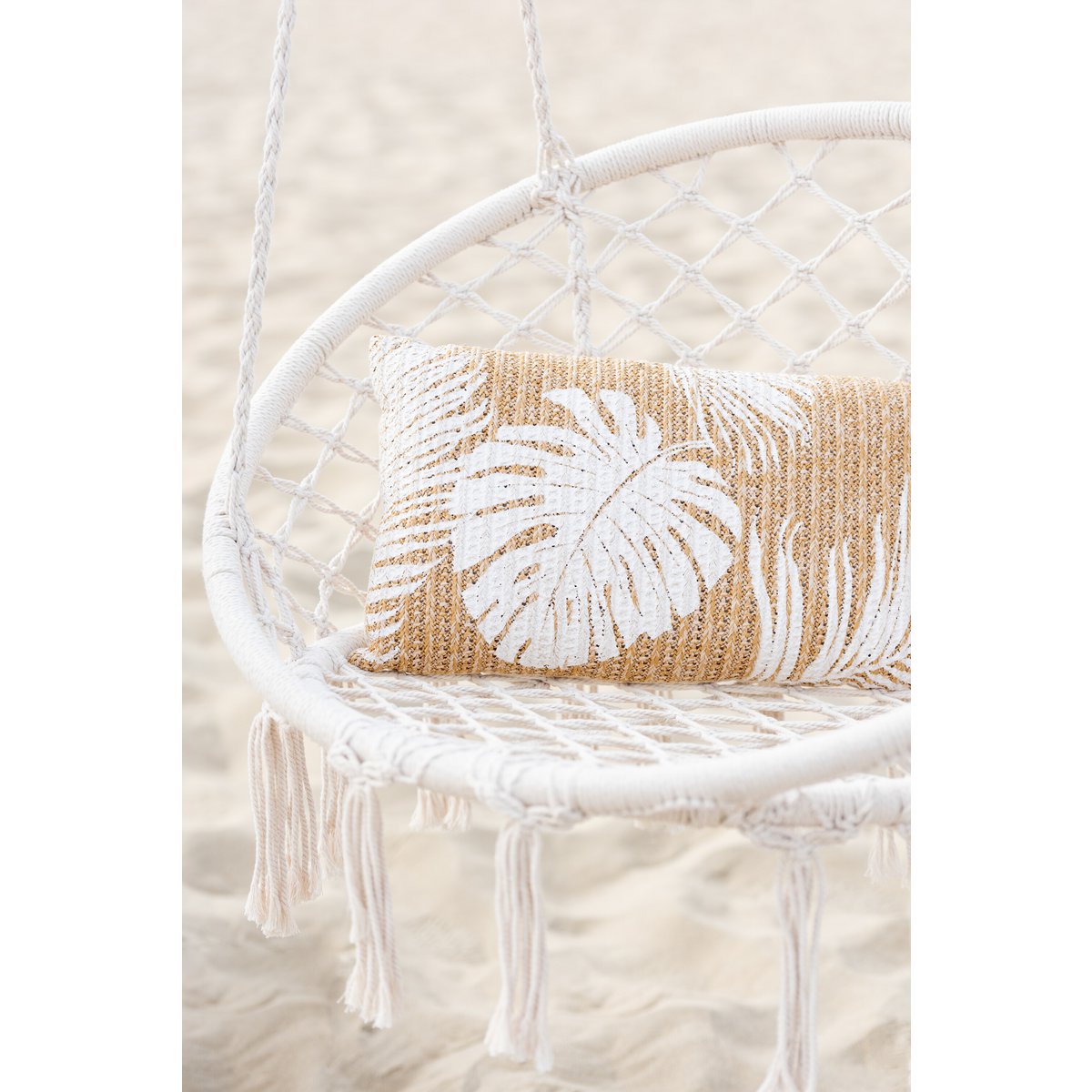 J-Line Coussin Tressé Feuilles de Monstera Polypropylène Naturel/Blanc