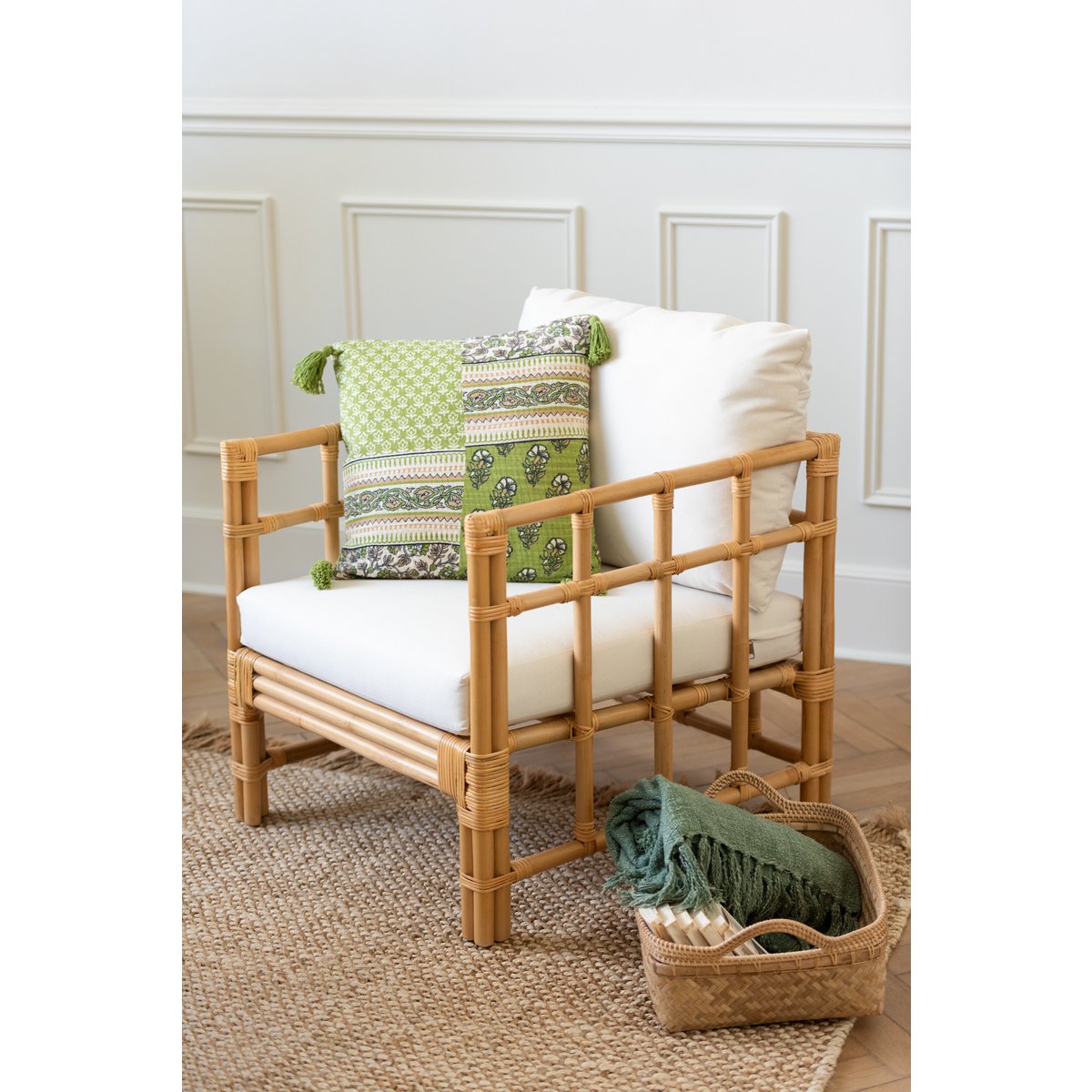 Fauteuil J-Line Elise + Kcoussin - rotin/textile - naturel/blanc