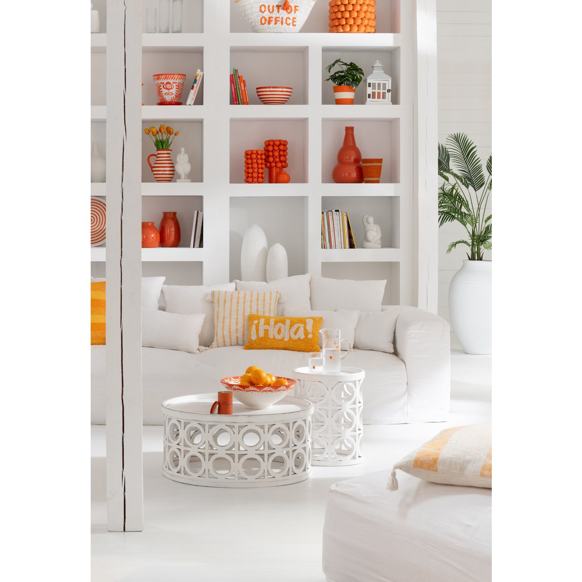 J-Line Coussin Hola Tufté Coton Orange/Blanc