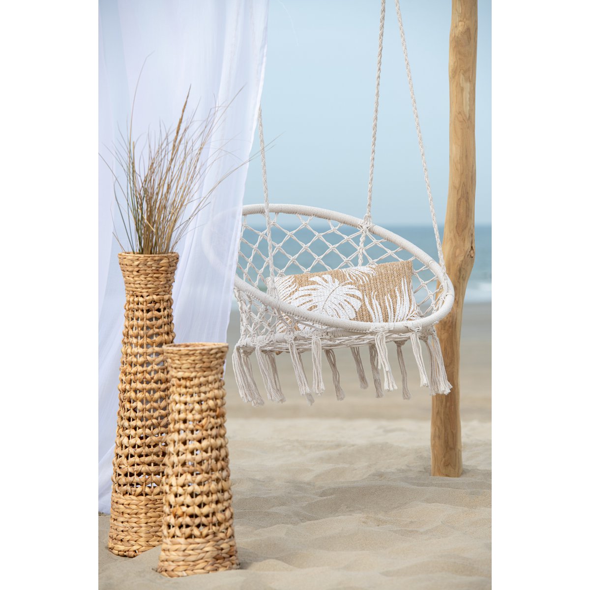 J-Line Coussin Tressé Feuilles de Monstera Polypropylène Naturel/Blanc