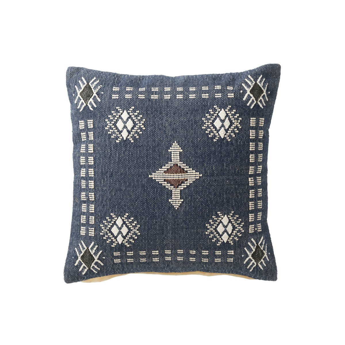 J-Line Coussin Carré Motifs Ethniques Coton Bleu Foncé/Blanc