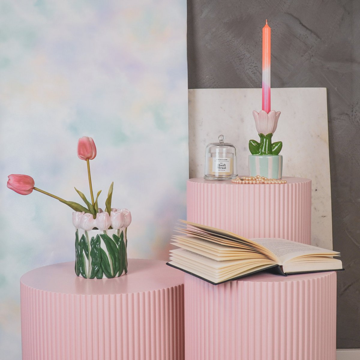 Vase- tulipes - Dolomite - rose clair / vert-15x15x14cm