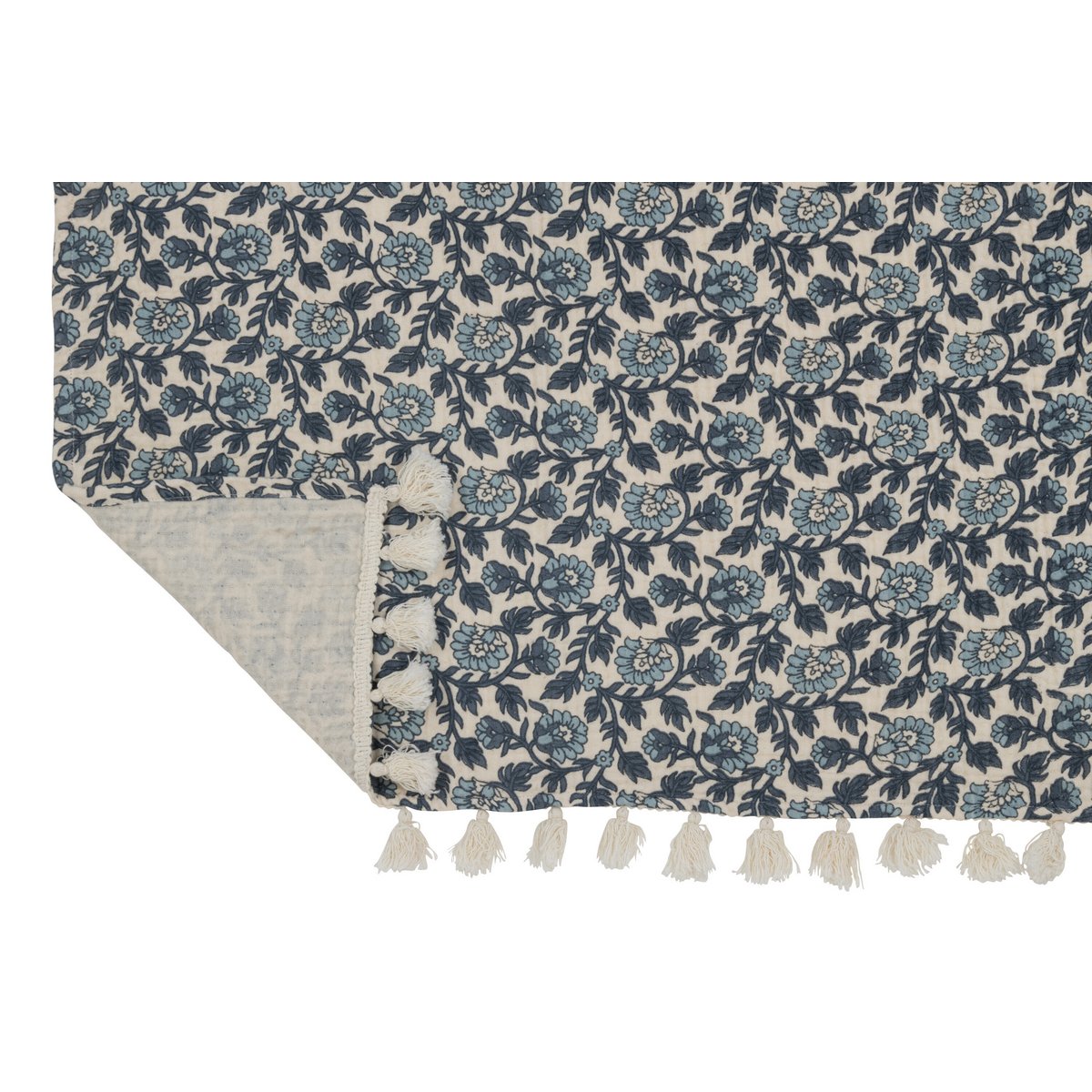J-Line Plaid fleurs - coton - bleu - 180 x 130 cm
