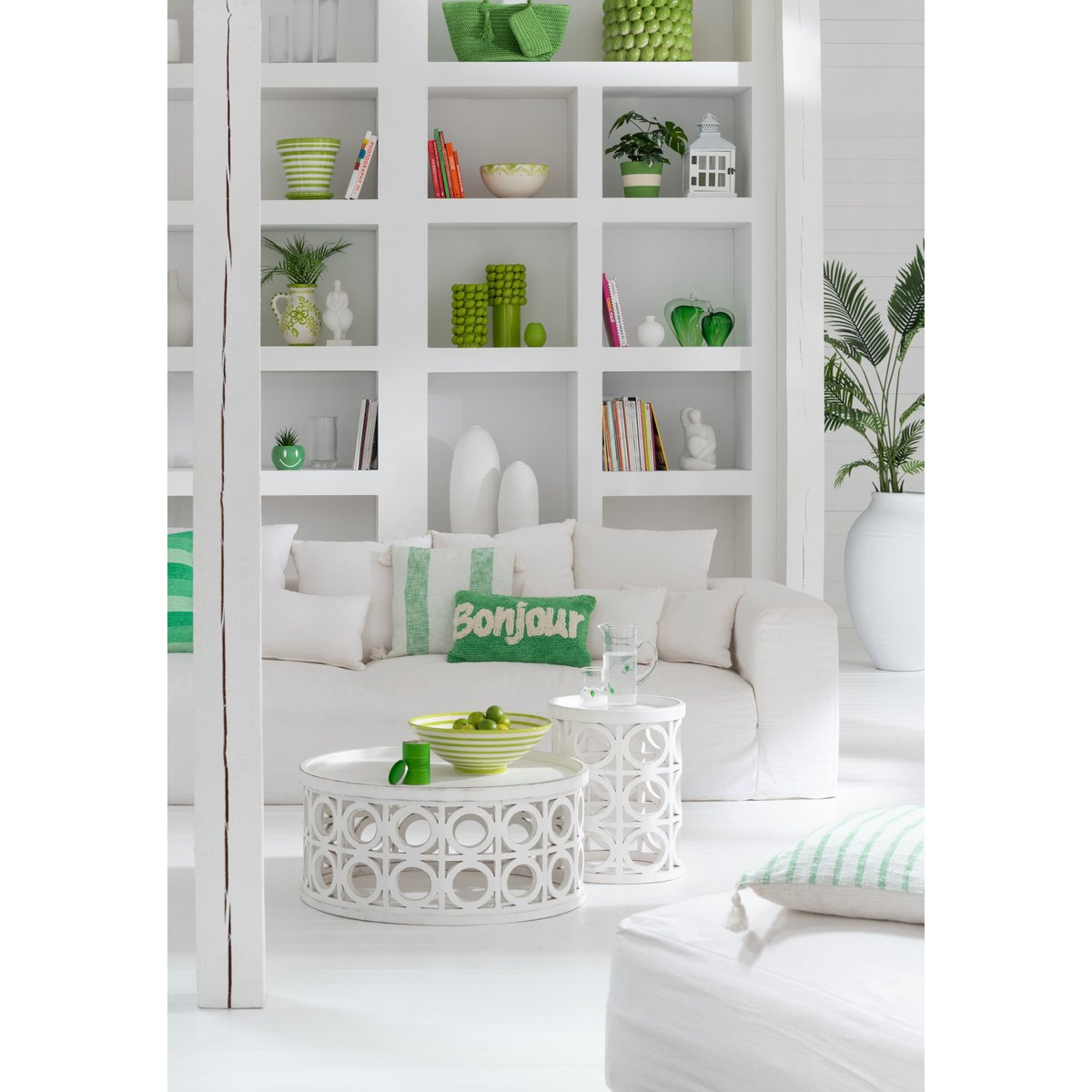 J-Line Coussin Bonjour Tufté Coton Vert/Blanc
