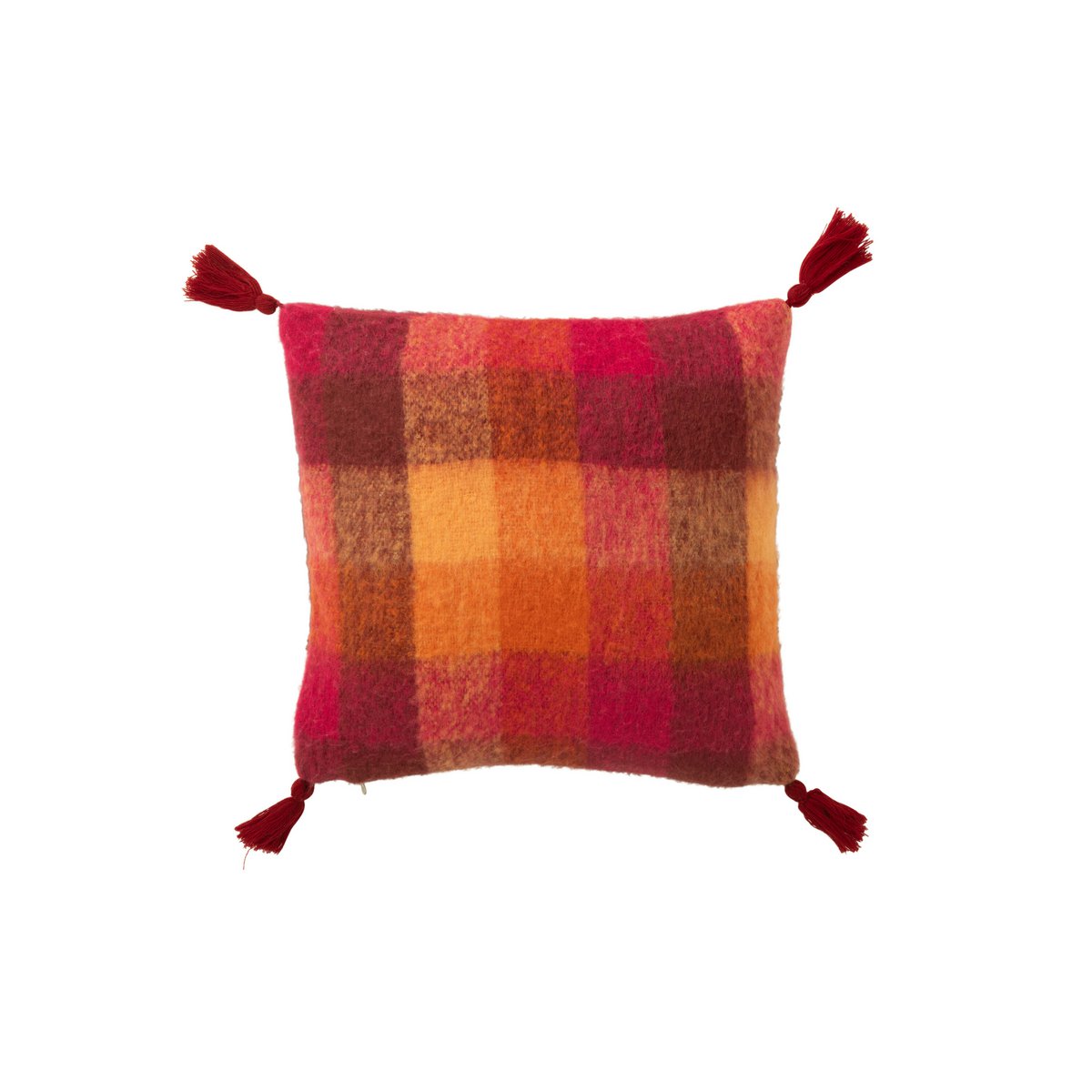 Coussin J-Line carreaux + pompons - textile - orange/bordeaux