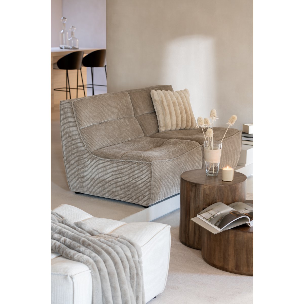 J-Line Coussin Large Velours Côtelé Polyester Beige