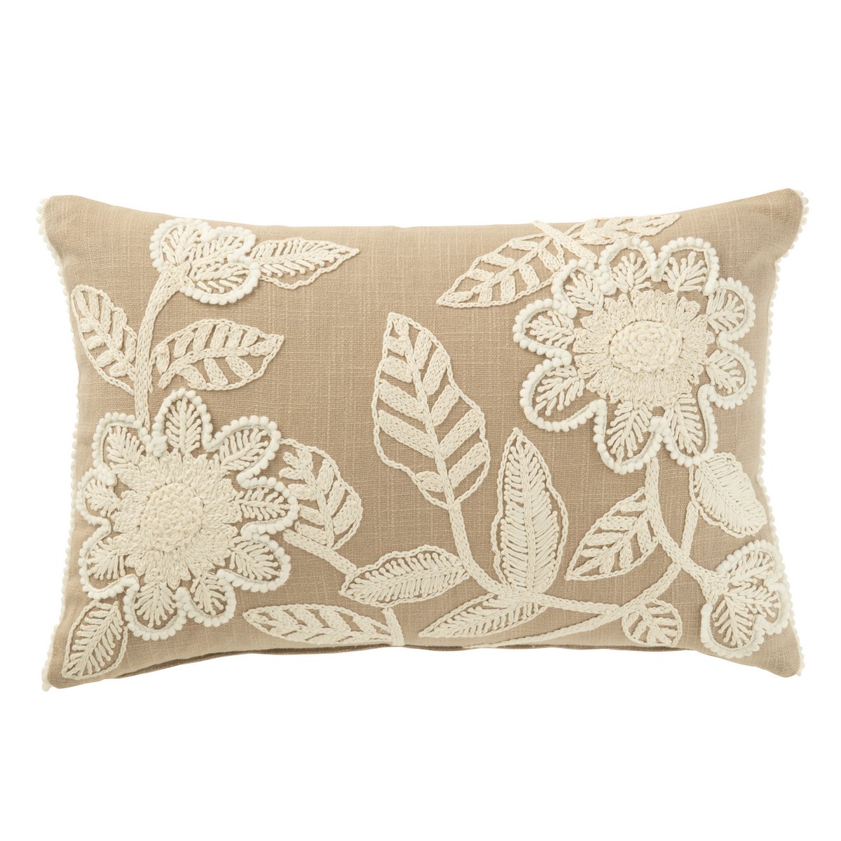 J-Line Coussin Broderie Florale Coton Grège/Crème