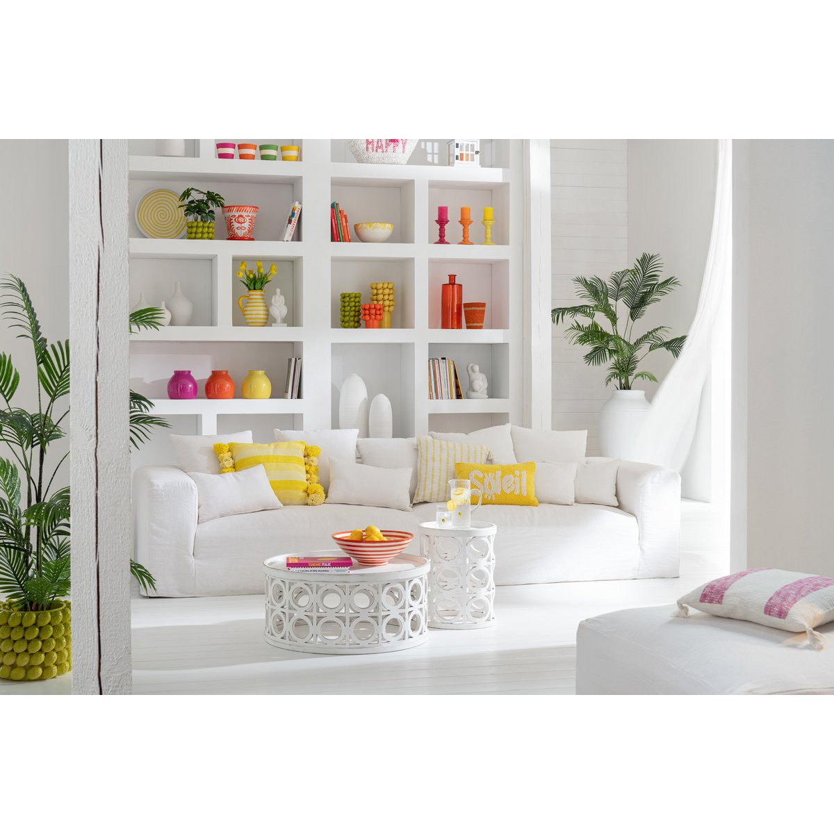 J-Line Coussin Soleil Tufté Coton Jaune/Blanc