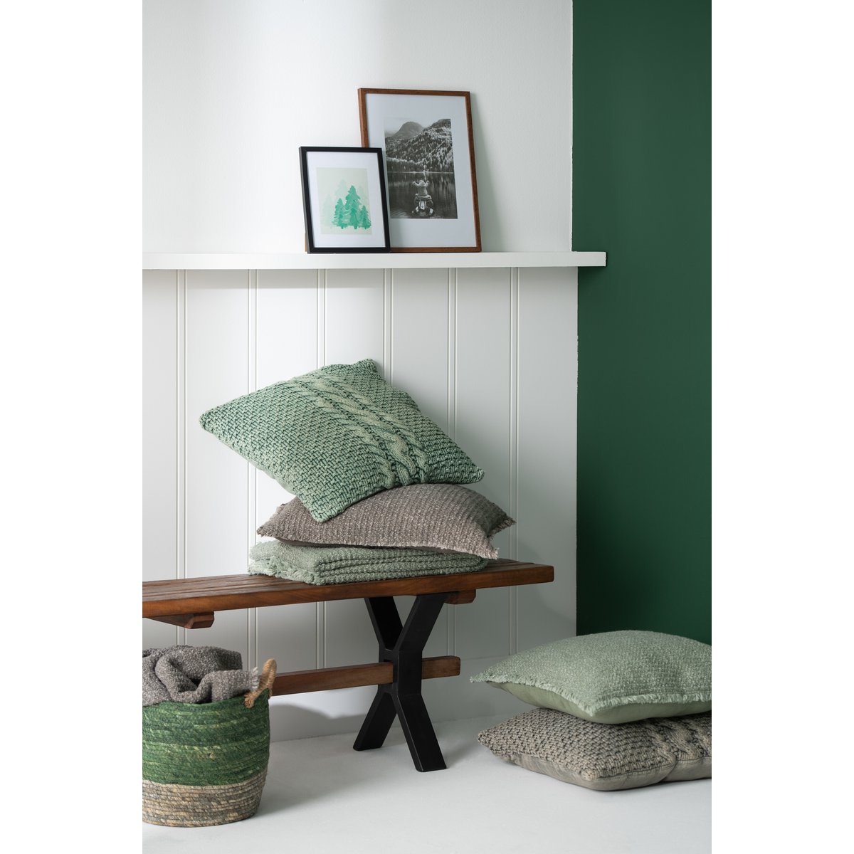 J-Line Coussin Tricot+Tresse Coton Lavé Vert