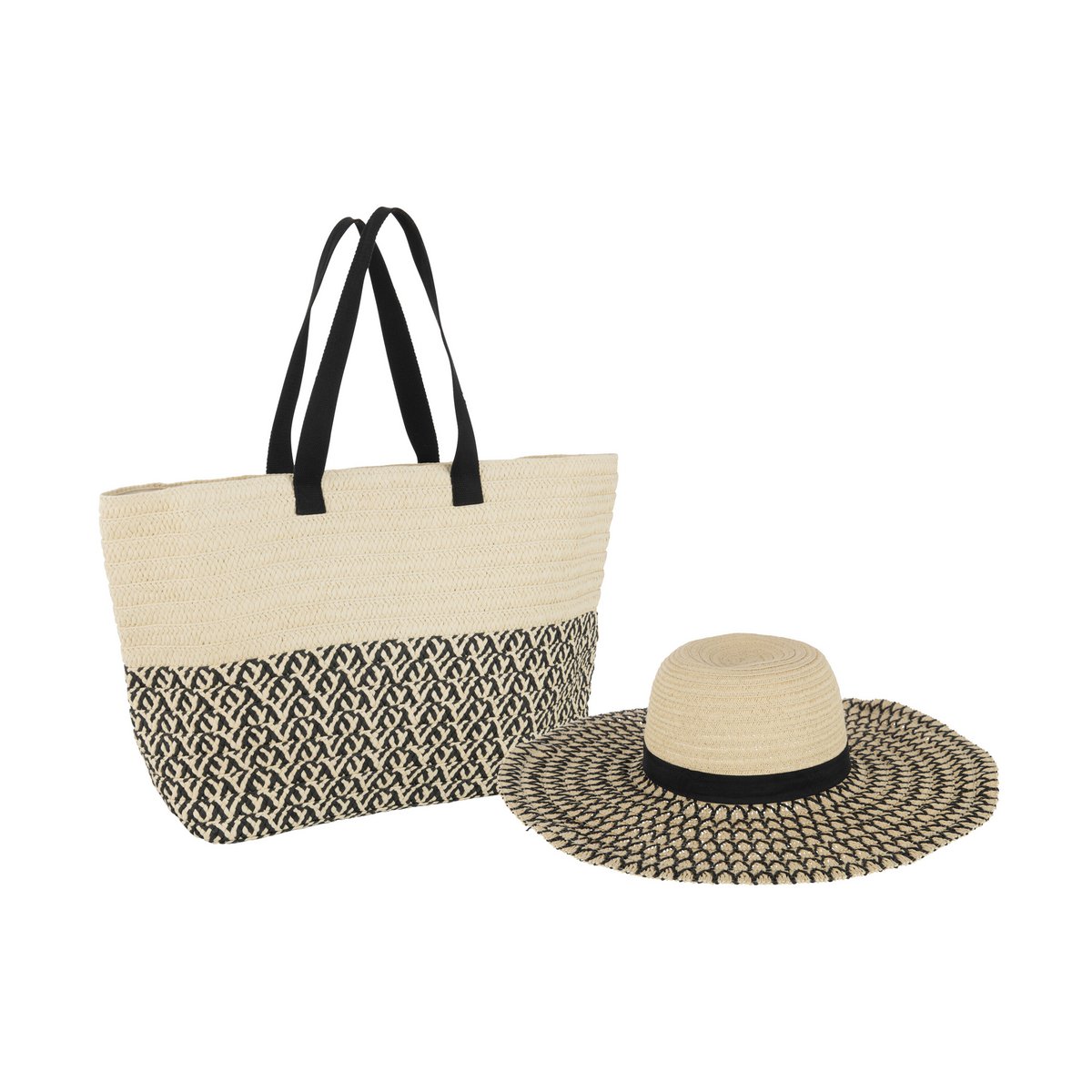 J-Line Lot de 2 Sac + Chapeau Motifs Papier/Coton Beige/Noir