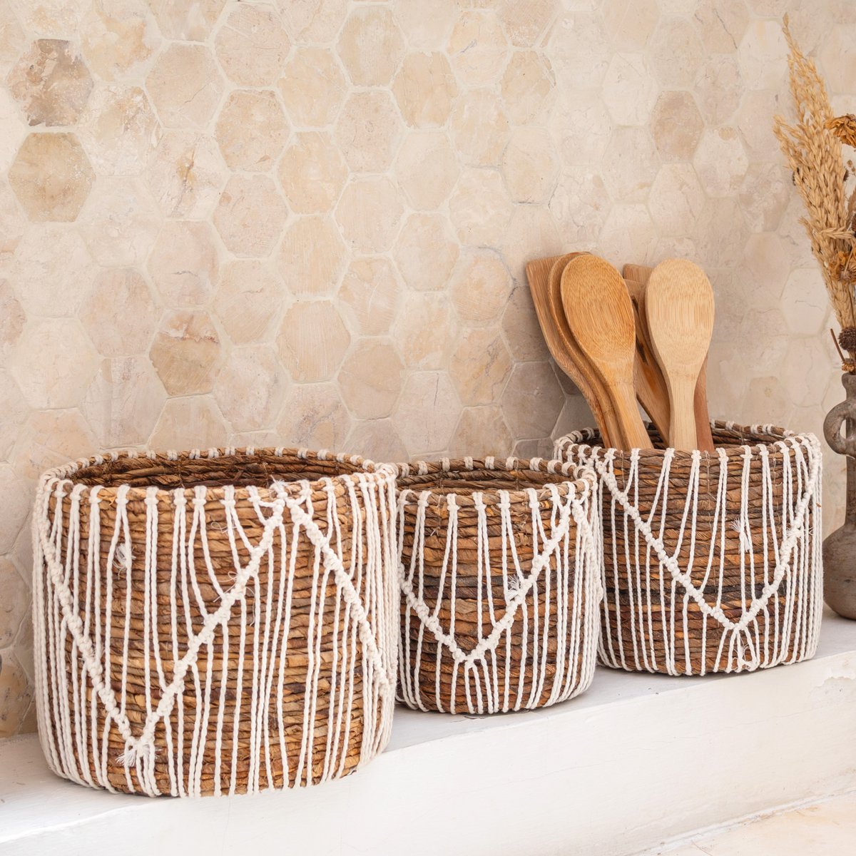 Petit panier en jonc de mer ORIS | Panier de fleurs rond | Panier Boho tissé | Panier de plantes | Planteur | Panier en macramé