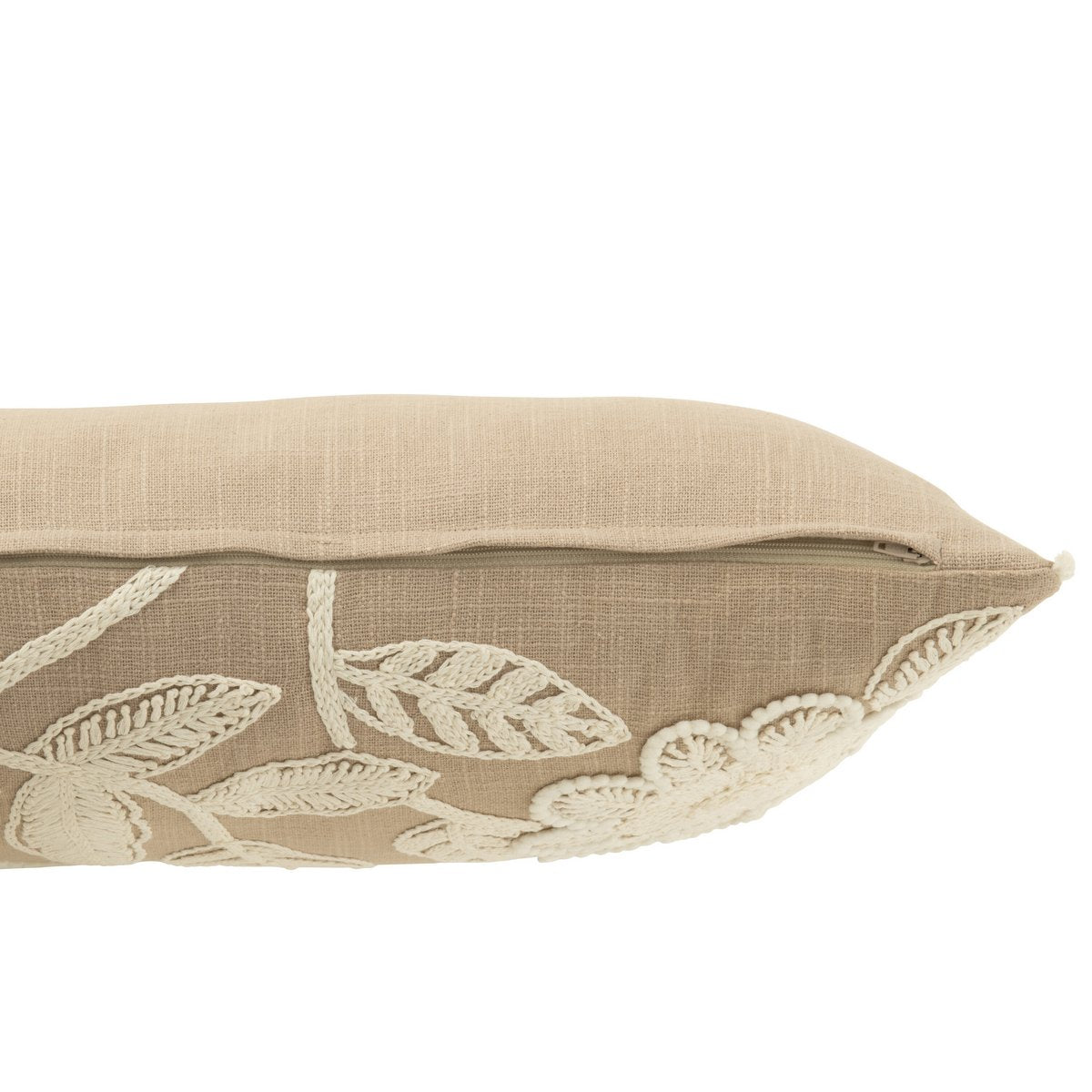 J-Line Coussin Broderie Florale Coton Grège/Crème