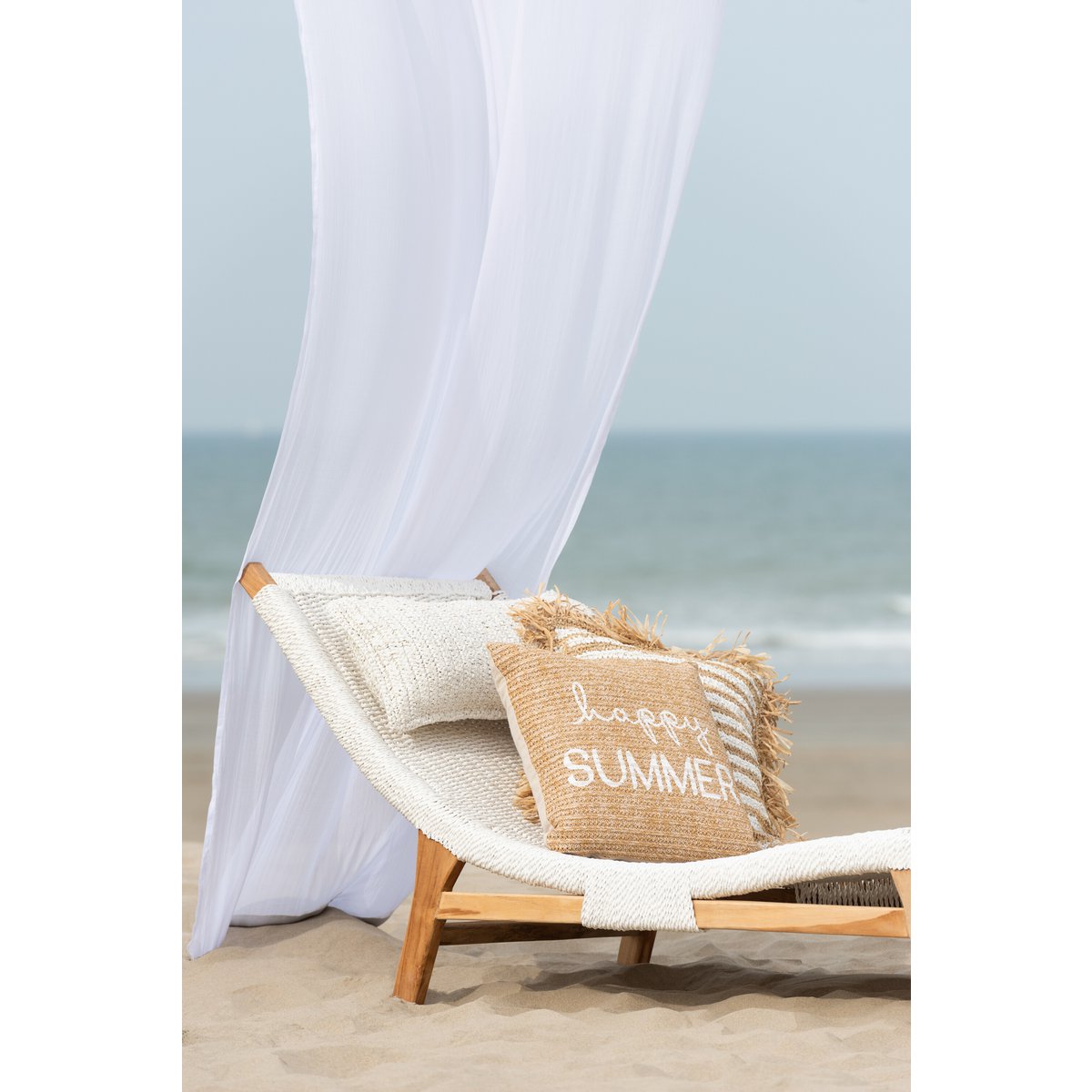 J-Line coussin Rayures Franges Mendong - coton - blanc